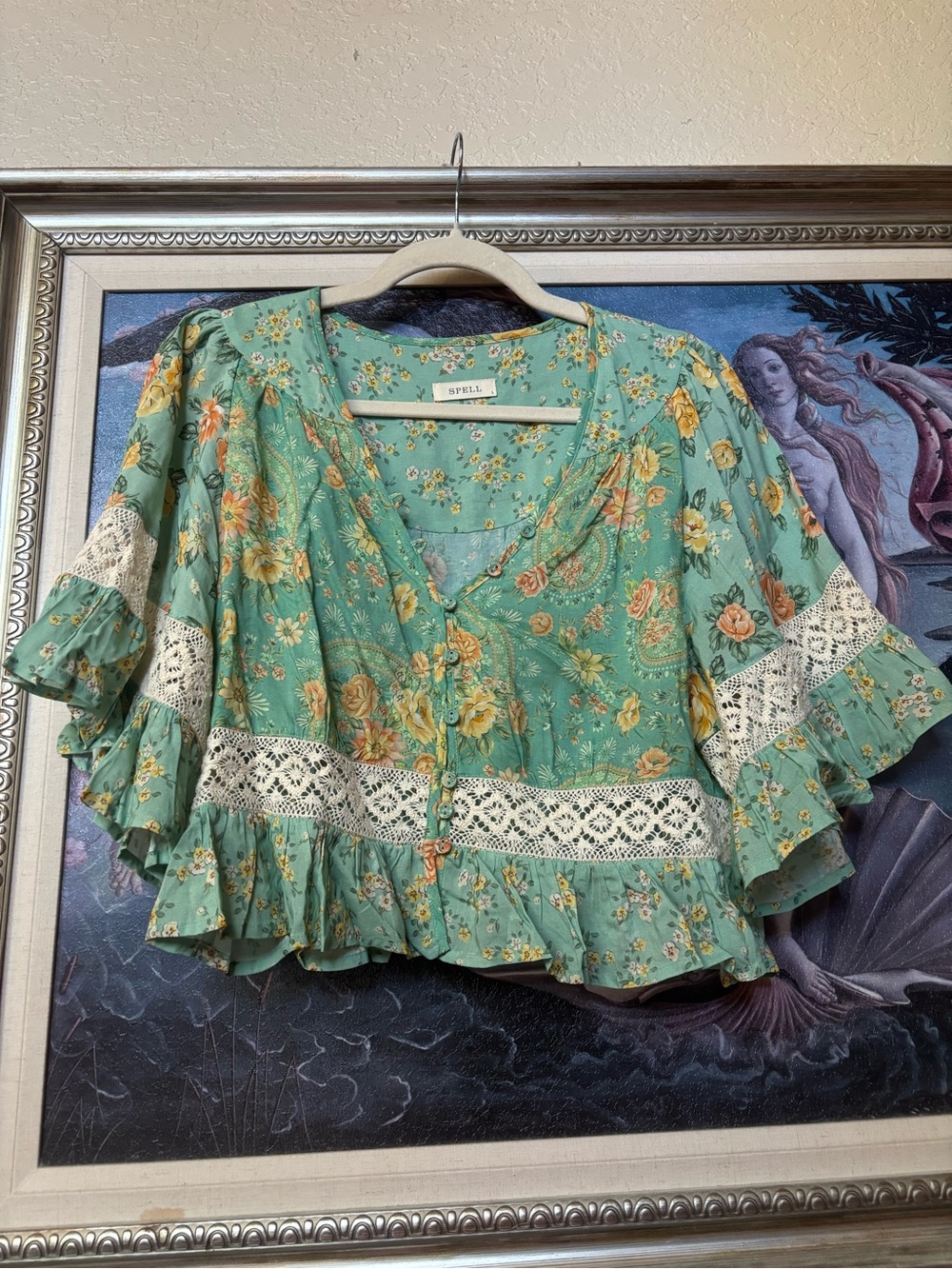 Spell Melody Floral Lace-Trim Ruffle Blouse